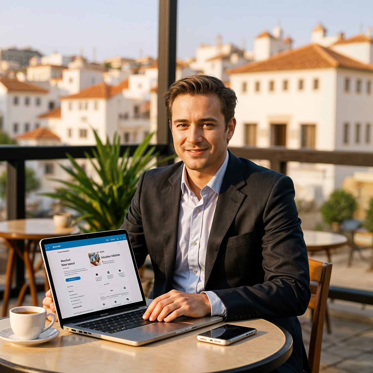 Business owner with laptop, phone and coffee