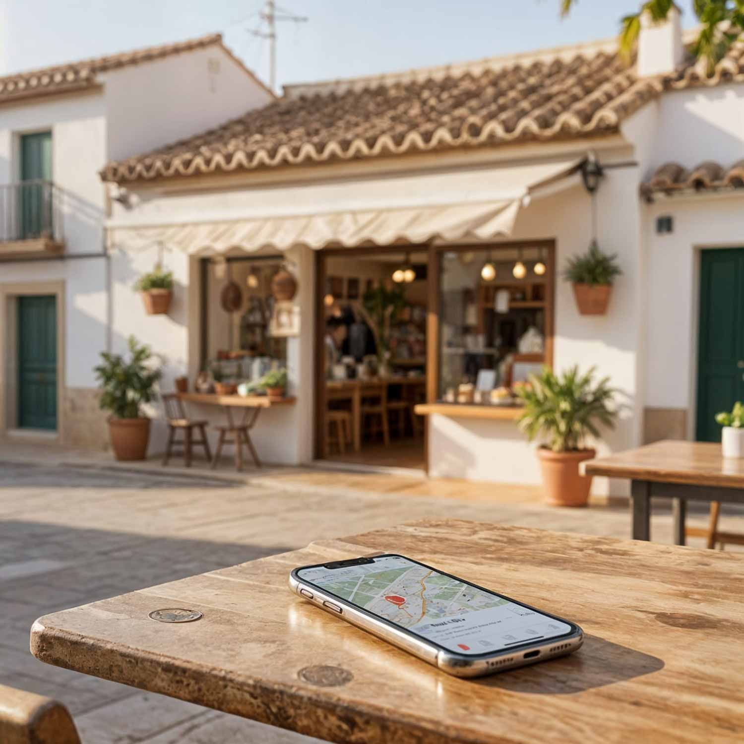 Phone on a table out a shop in Spain